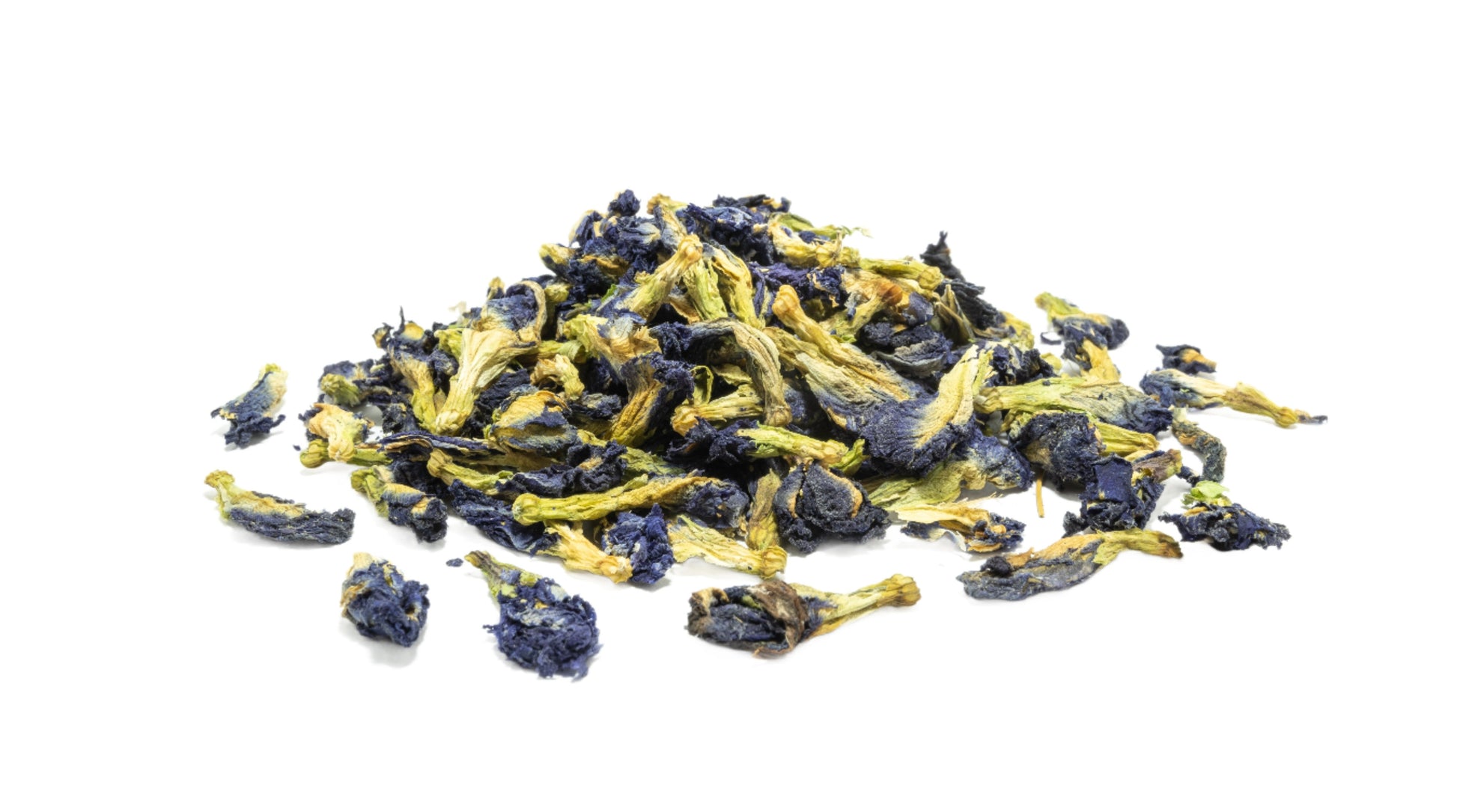 A pile of dried butterfly pea flowers on a white background.